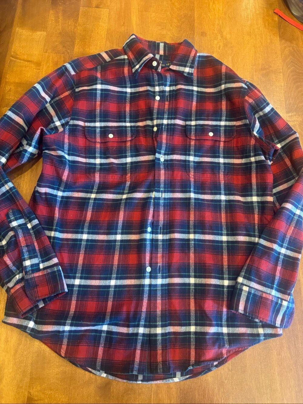 Polo Ralph Lauren Menโs Large Plaid Flannel Shirt Red Navy 100% Cotton